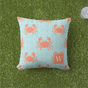 Coussin Crabe Prépa Clé Grecque Corail & Turquoise Monogra