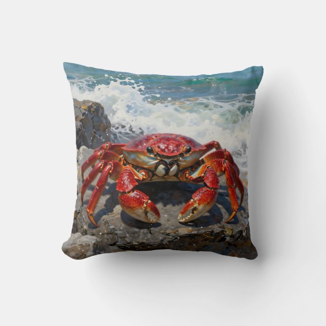 Coussin Crabe Rouge Vibrant et Vagues Océaniques (Recto)