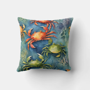 Coussin Crabes et corail côtiers colorés à l'aquarelle