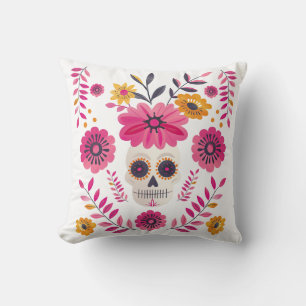 Coussin Crâne à sucre Fuchsia Fleurs mexicaines Cinco de M