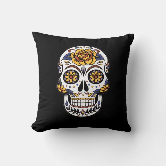 Coussin Crâne à sucre rose jaune sur noir (Recto)