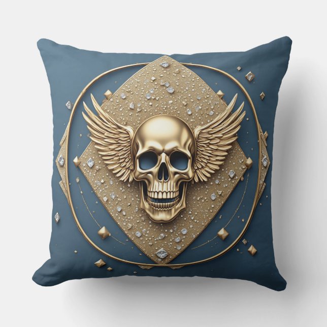 Coussin ☠️ Crâne ailé doré Cadeau gothique pour motards 💎 (Recto)