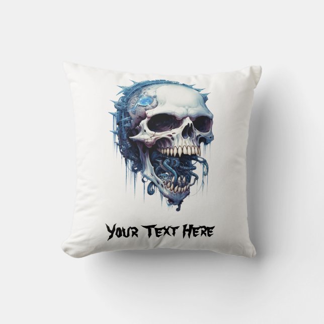 Coussin Crâne bleu avec des vers et des détails steampunk (Recto)