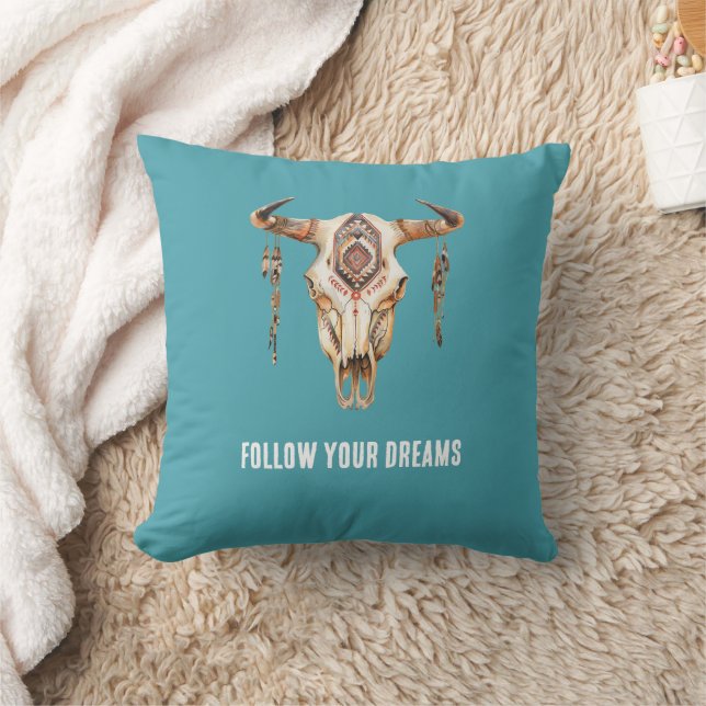 Coussin Crâne bleu turquoise des cornes de taureaux tribal (Couverture)