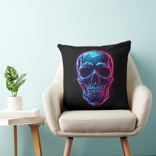 Coussin Crâne Cyberpunk Néon Synthwave Lueur Gamer Goth (Chaise)