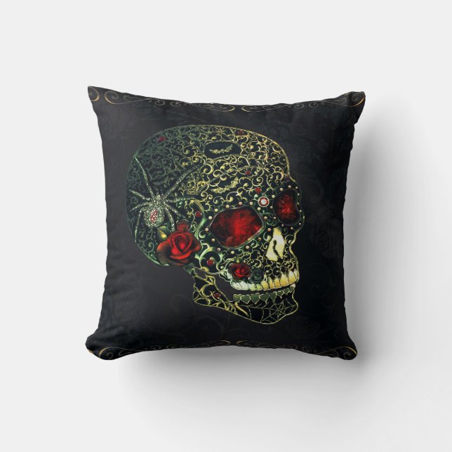 Coussin Crâne de araignée orné de joyaux et roses filigran (Recto)