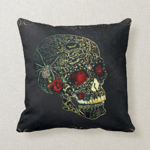Coussin Crâne de araignée orné de joyaux et roses filigran