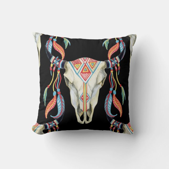 Coussin Crâne de buffle : Aquarelle Arrière - plan noir. (Recto)