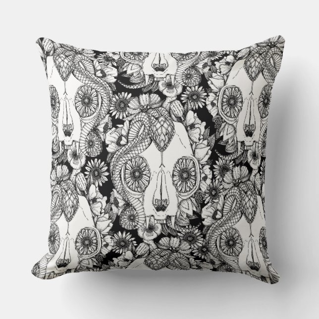 Coussin crâne de chat damas noir blanc (Recto)