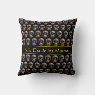Coussin Crâne de Día de los Muertos or Turquoise sur Or pe