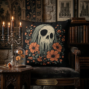 Coussin Crâne de Fantôme Effrayant avec des Fleurs Orange