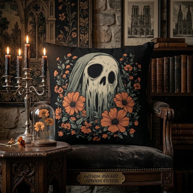 Coussin Crâne de Fantôme Effrayant avec des Fleurs Orange (Créateur téléchargé)