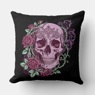 Coussin Crâne de Lavande avec Motif Gothique de Roses