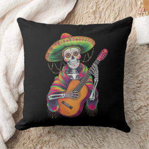 Coussin Crâne de squelette de la fête Cinco De Mayo Guitar