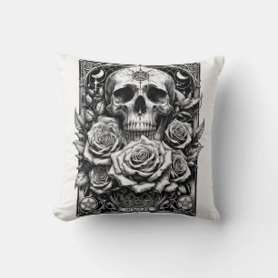 Coussin Crâne de squelette de pentacle et roses Art de tar