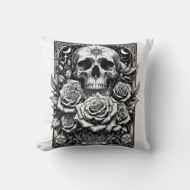 Coussin Crâne de squelette de pentacle et roses Art de tar (Recto)