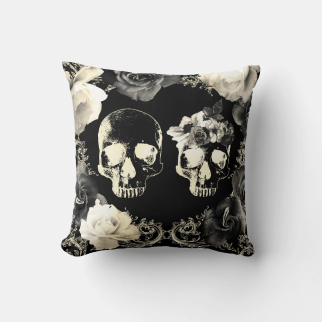 Coussin Crâne de squelette gothique gris crème noir Glam (Recto)