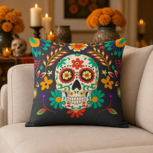 Coussin Crâne de sucre coloré floral de la fête des morts