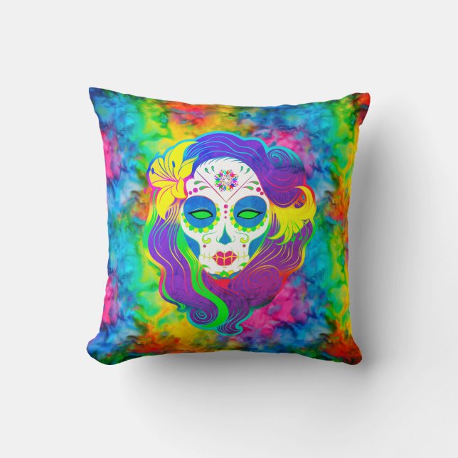 Coussin [Crâne de Sucre Psychédélique] Calavera Tie-Dye Fr (Recto)