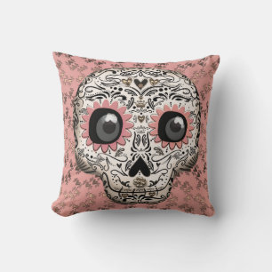 Coussin Crâne de sucre rose et or et cœurs fantaisistes mi