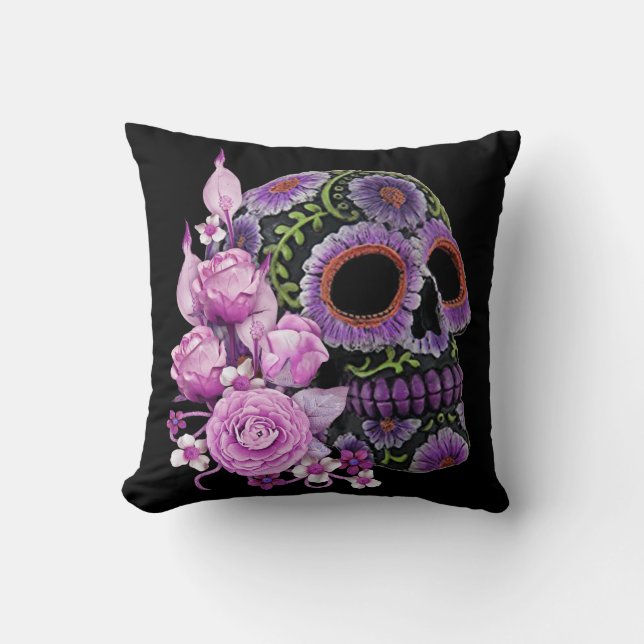 Coussin Crâne de sucre rose floral noir Jour des morts (Recto)