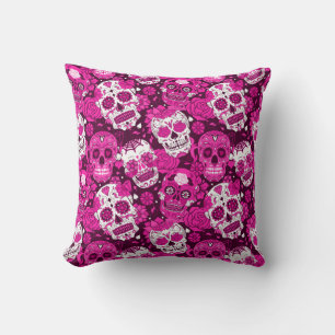 Coussin Crâne de sucre rose motif ornemental floral