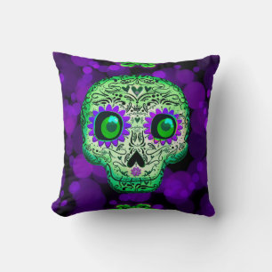 Coussin Crâne de sucre vert et pourpre brillant Halloween