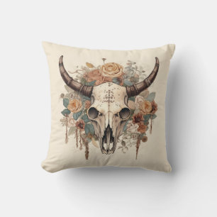 Coussin Crâne de taureau floral bohème occidental