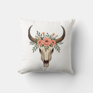 Coussin Crâne de taureau floral vintage Bohème occidental