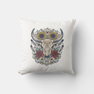 Coussin Crâne de taureau floral vintage occidental