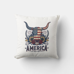 Coussin Crâne de taureau patriotique Amérique vintage 4 ju