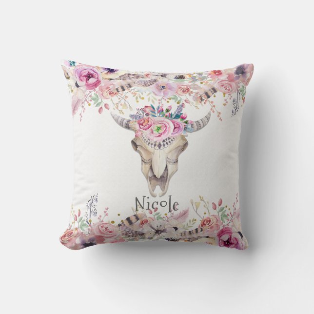 Coussin Crâne de vache floral rustique Boho Chic Glam sur  (Recto)