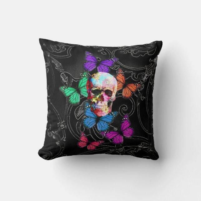 Coussin Crâne d'imaginaire et papillons colorés (Recto)