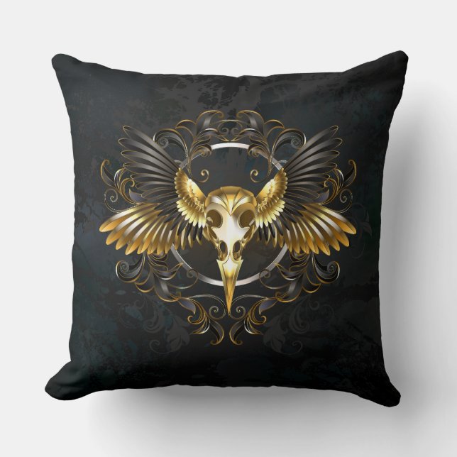 Coussin Crâne d'oiseaux dorés sur arrière - plan noir (Recto)