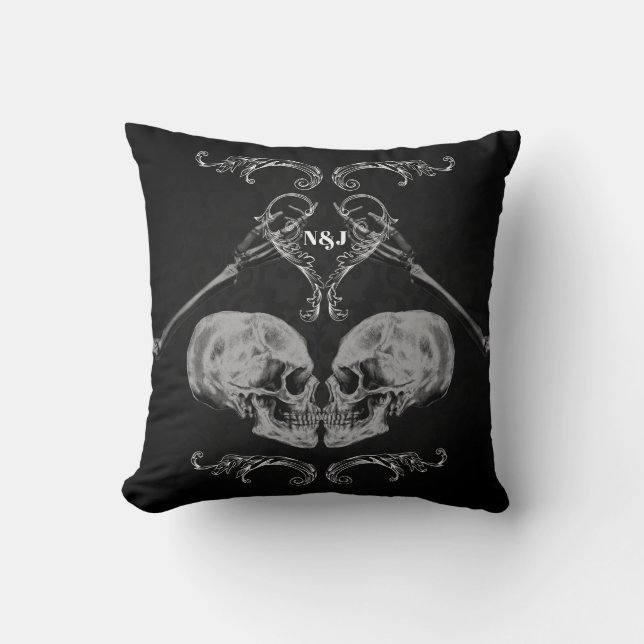 Coussin "Crâne en amour" Squelettes Vintage Noir (Recto)