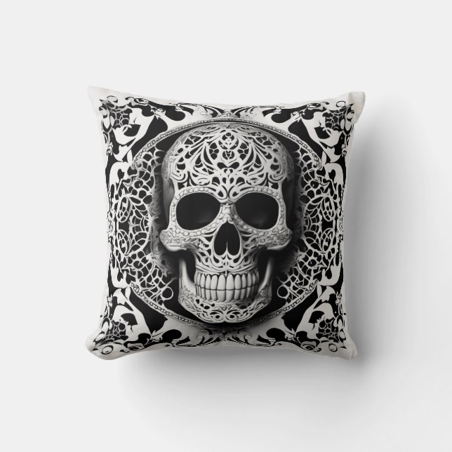 Coussin Crâne en dentelle noir et blanc souriant (Recto)