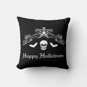 Coussin Crâne et chauves-souris Silhouette Happy Halloween