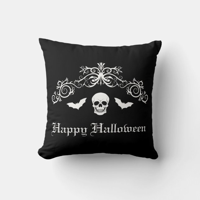Coussin Crâne et chauves-souris silhouette Joyeux Hallowee (Recto)
