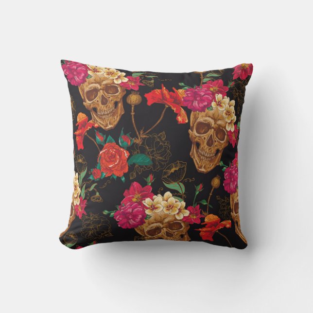 Coussin Crâne et fleurs Arrière - plan transparent (Recto)