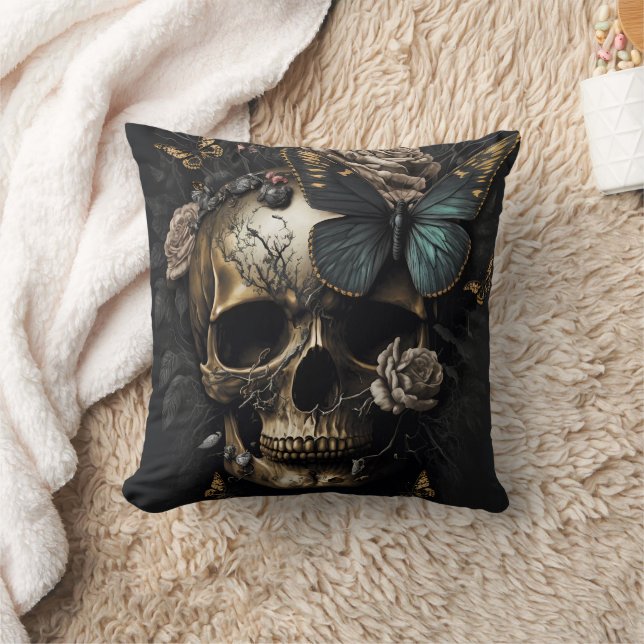 Coussin Crâne et papillon motif design (Couverture)