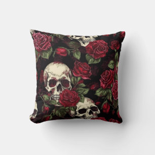 Coussin Crâne et roses rouges Floral gothique
