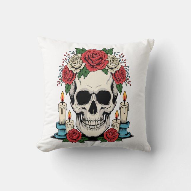 Coussin Crâne floral avec bougies Halloween (Recto)