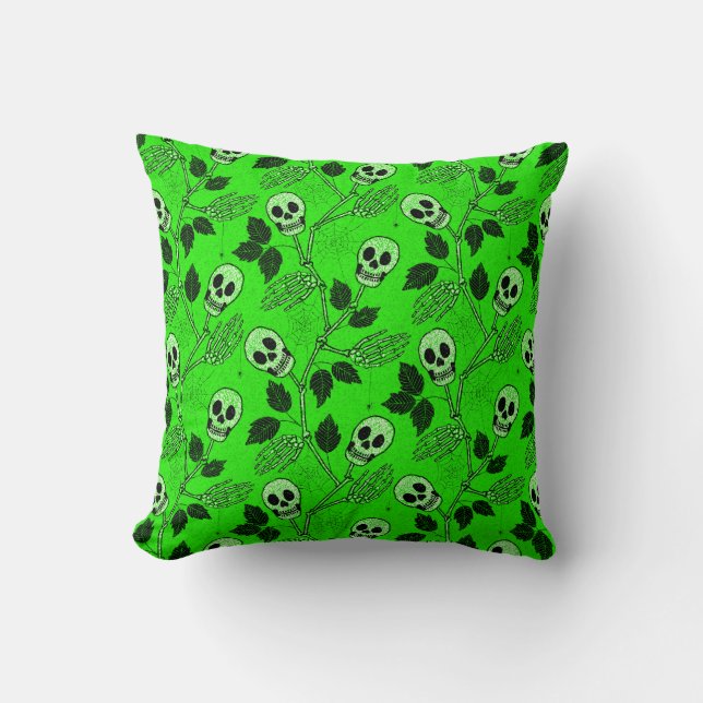 Coussin Crâne Floral Vert Néon Gothique  (Recto)