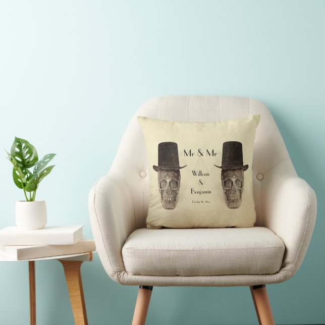 Coussin Crâne Gay Monsieur et Monsieur Mariage Rétro Sépia (Chaise)