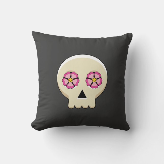 Coussin Crâne gothique déplaisant Kawaii avec fleurs (Recto)