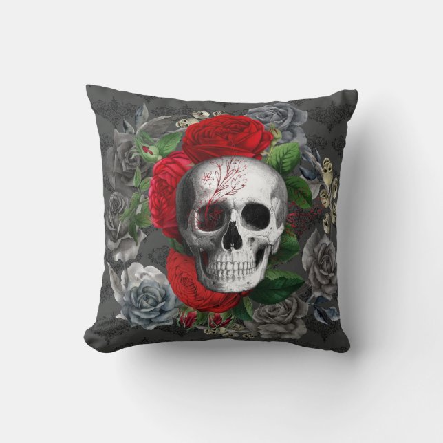 Coussin Crâne gothique Gris rouge Rose Design floral (Recto)