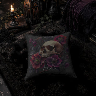 Coussin Crâne gothique lunatique avec fleurs