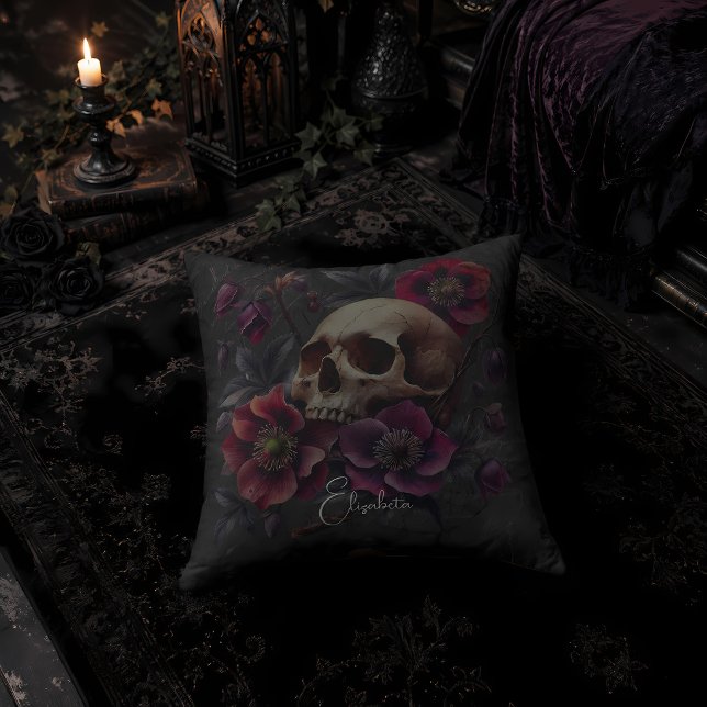 Coussin Crâne gothique lunatique avec fleurs (Créateur téléchargé)