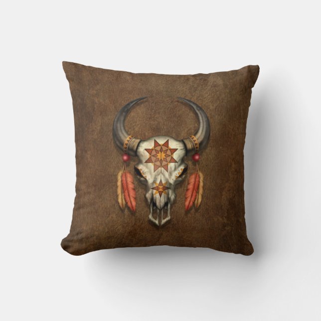 Coussin Crâne indigène décoré de Taureau avec des plumes (Recto)