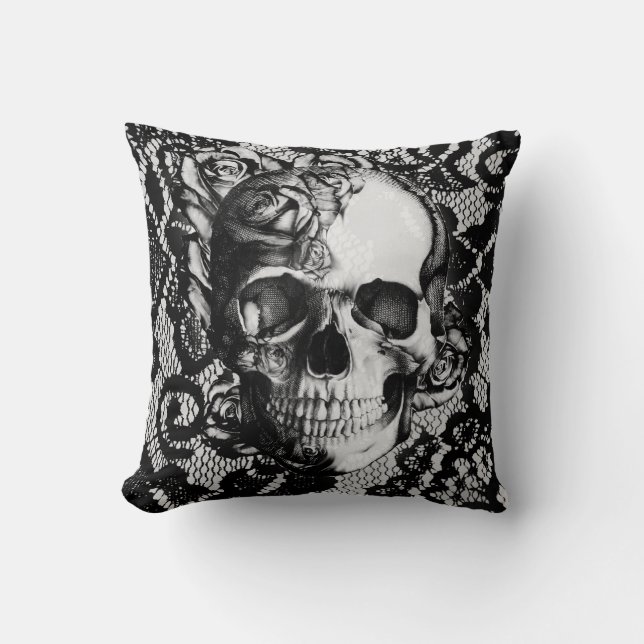 Coussin Crâne noir et blanc de dentelle et de roses (Recto)